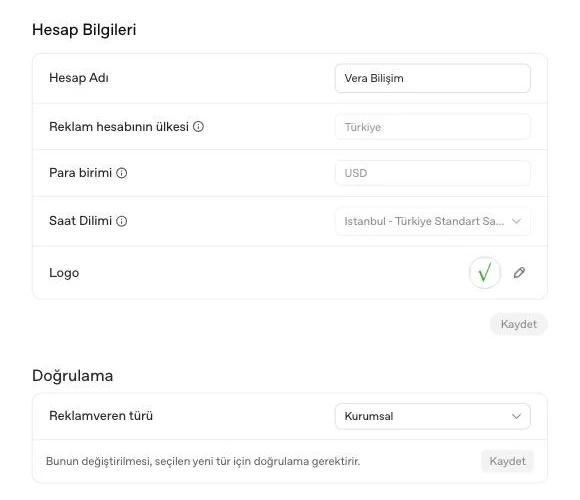 Ads Manager ayarlar ekranı: hesap adı, ülke, para birimi, saat dilimi