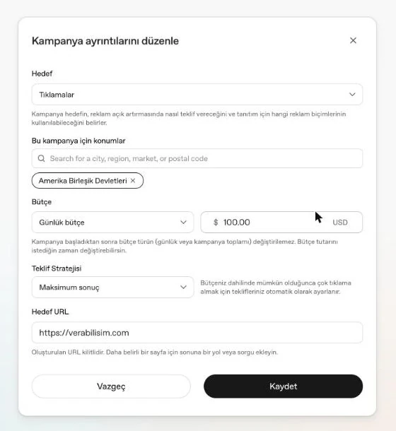 Kampanya ayrıntılarını düzenle kutusu: hedef, konum, bütçe, teklif stratejisi, hedef URL