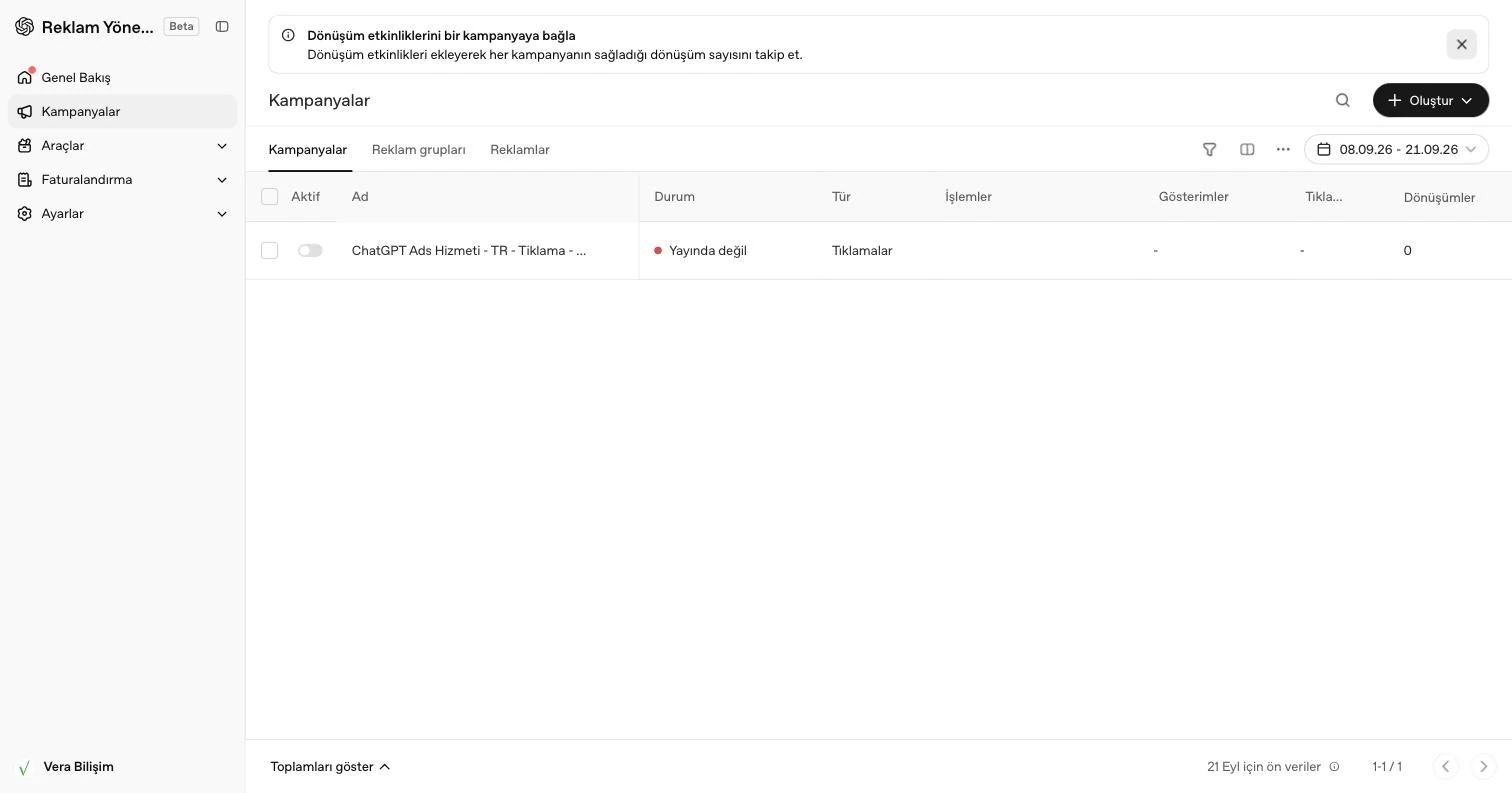 Ads Manager kampanya listesi ekranı