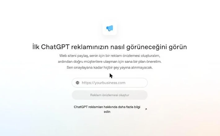 OpenAI Reklam Yöneticisi karşılama ekranı, site adresi isteniyor