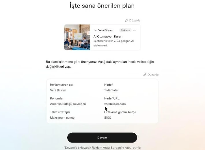 Önerilen kampanya planı: konum Amerika Birleşik Devletleri, günlük bütçe 100 dolar