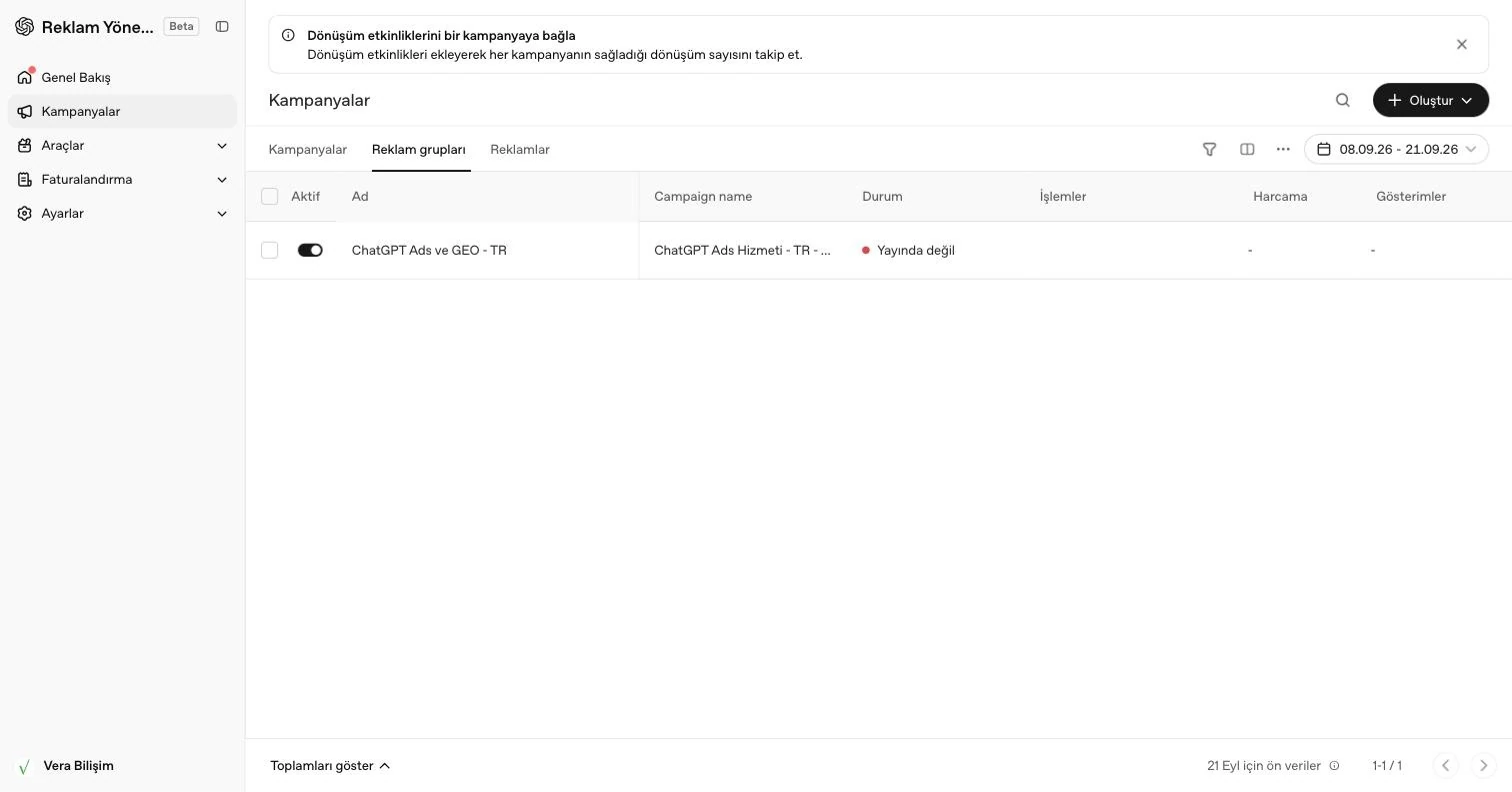 Ads Manager reklam grupları listesi