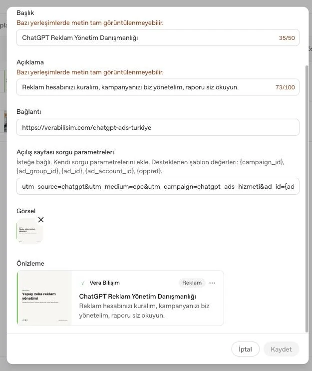 Reklam düzenleme kutusu ve reklamın ChatGPT sohbetindeki önizlemesi